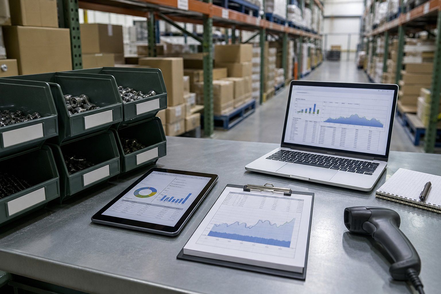 Inventory planning desk with demand charts beside warehouse racking