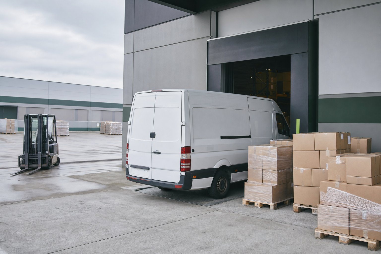 Loading bay with a delivery van, pallets and boxed orders ready to ship