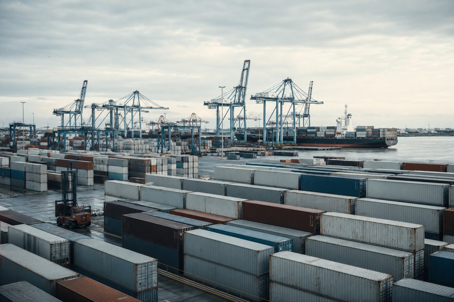 Shipping containers and cranes at an international port