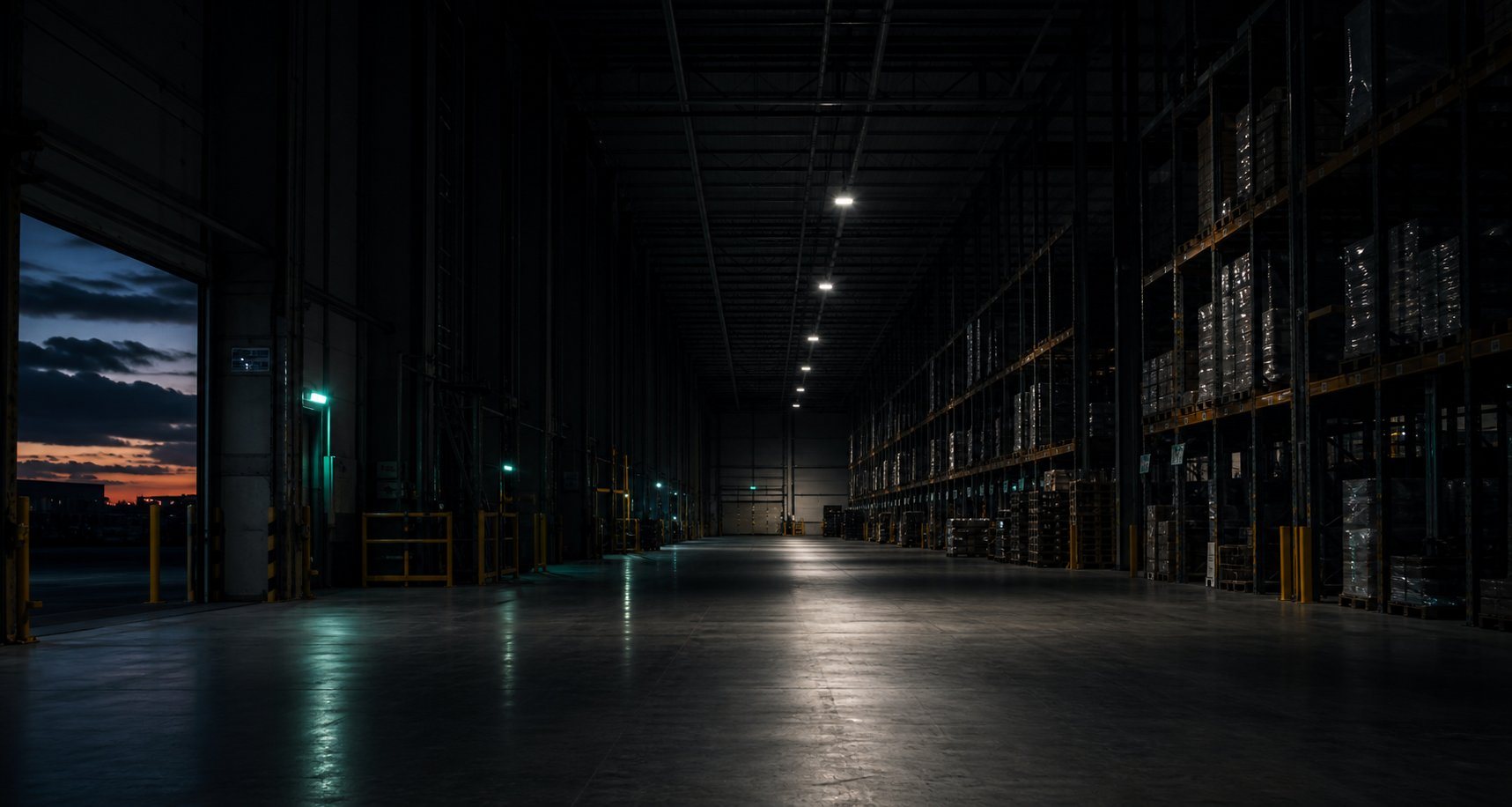 Dark industrial warehouse aisle used as a page background