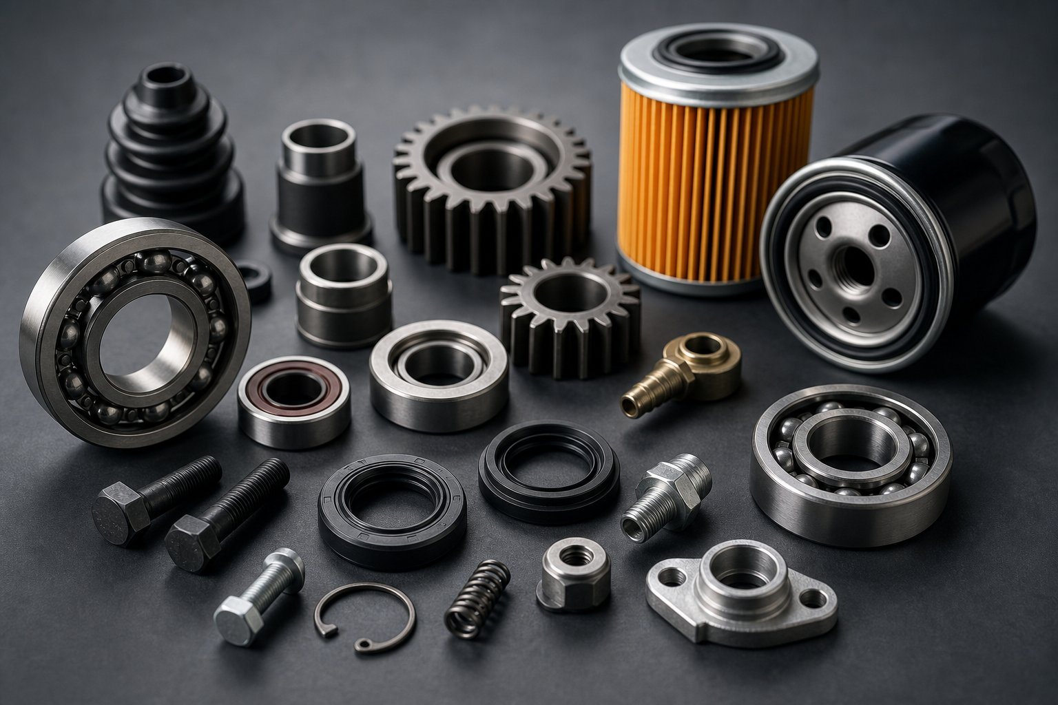 Close-up of mechanical parts including bearings, gears and filters