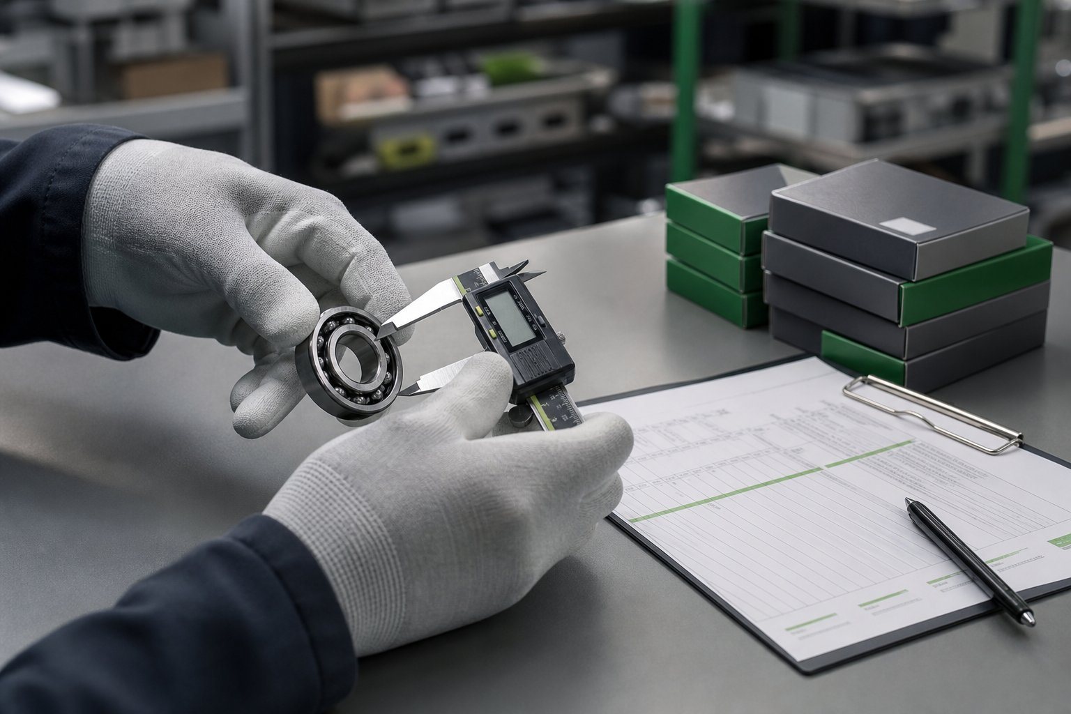 Quality control inspection of a bearing with calipers and a checklist