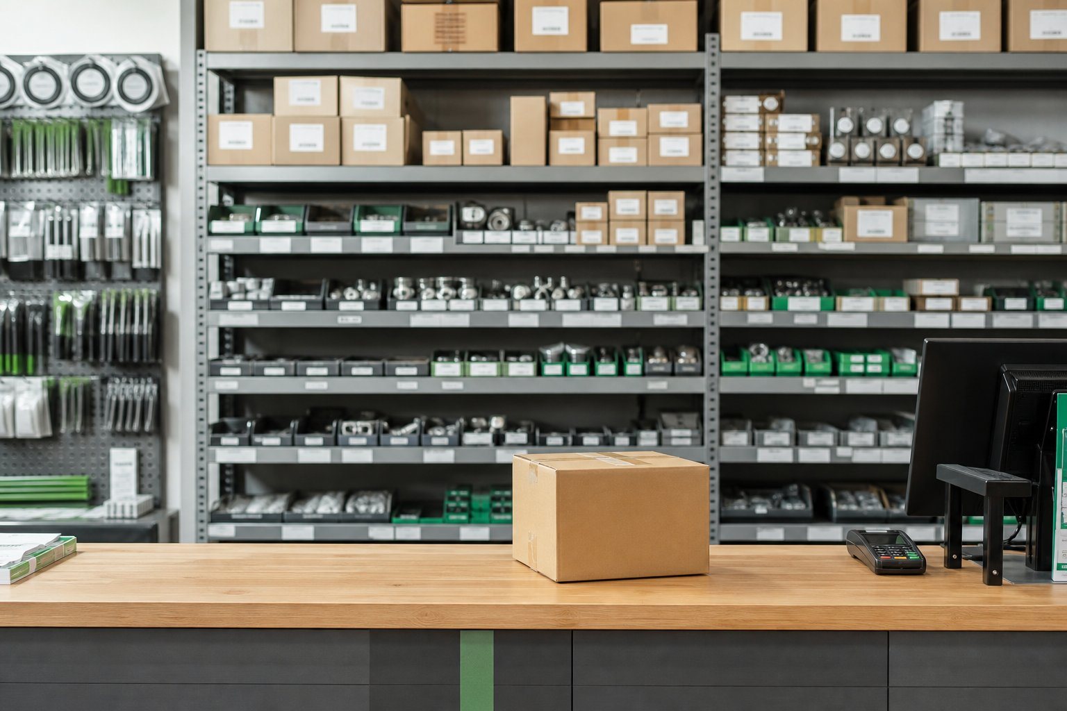 Wholesale trade counter with shelved stock behind it