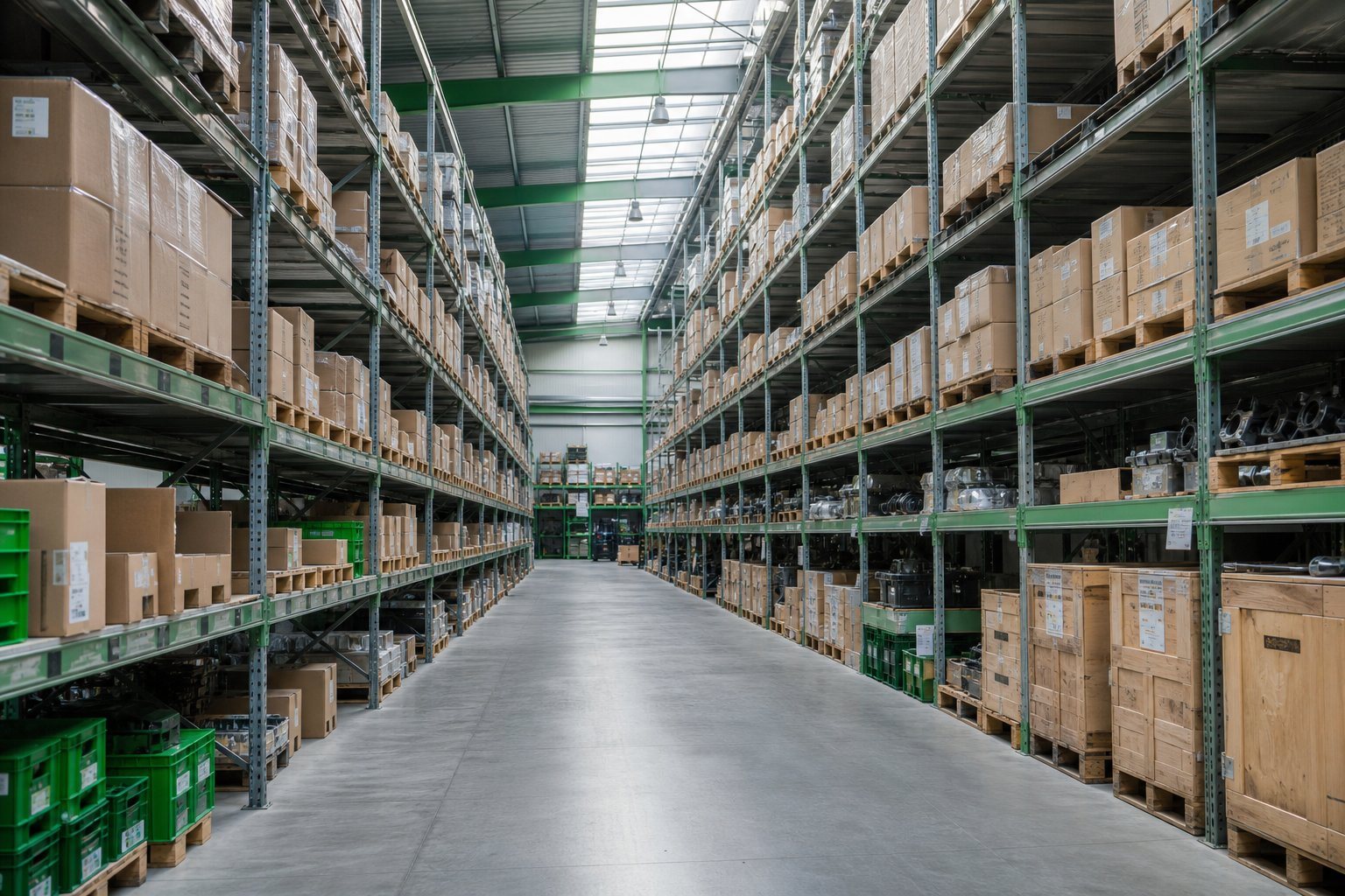 Wholesale parts warehouse with racked and boxed stock ready for dispatch